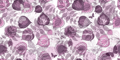 Vector seamless hand drawn floral pattern with butterflies and leaves on a white background