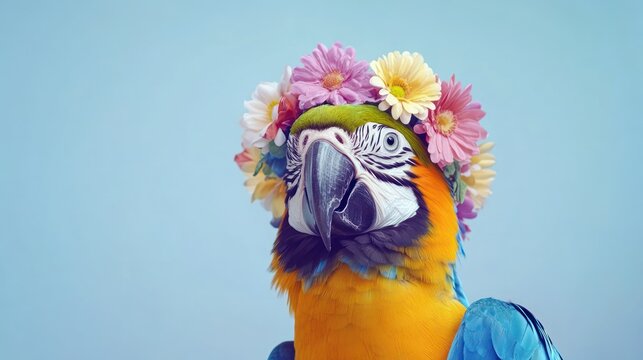 A colorful parrot adorned with a flower crown against a light blue background.