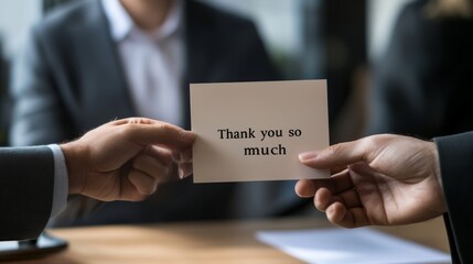 A person hands a "Thank you so much" card to another, showcasing appreciation in a professional or personal setting.