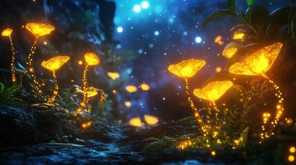 Obraz premium Enchanted Forest with Glowing Mushrooms and Stars