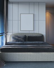 poster mockup in bedroom interior background. modern scandinavian style. 3d Rendering	