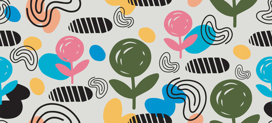 Colorful Seamless Abstract Pattern on White Background,  trendy design with basic shapes. Modern color wallpaper print backdrop.