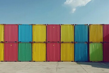 Fototapeta premium Illustrate a shipping container yard with colorful containers stacked high. Emphasize the organization and variety