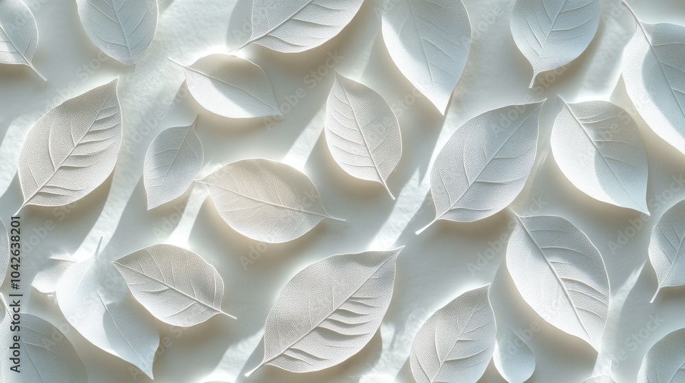 Poster view of a textured background featuring 3d white geometric leaves arranged in a seamless pattern,