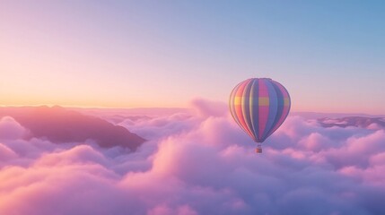 Fototapeta premium A vibrant hot air balloon floats peacefully above a sea of clouds during sunrise, casting a beautiful glow across the sky.