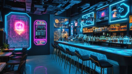 Neon Lit Bar Interior with Futuristic Design and Decor, Cyberpunk, Nightclub, Gaming, Entertainment