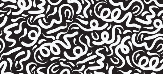 Seamless white line doodle pattern. Creative minimalist style art background for children or trendy design with swirl and curl shapes.