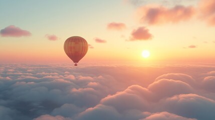 A hot air balloon floats gracefully above fluffy clouds at sunrise, creating a serene and breathtaking sky view.