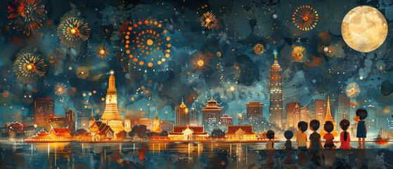 Celebrating New Year's Eve with fireworks over the city skyline, featuring towering pagodas and festive gatherings by the waterfront