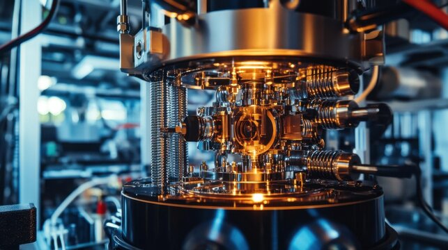 An advanced quantum computer with complex cooling systems, high-tech and sterile environment, Quantum style