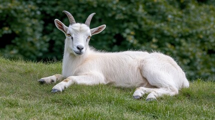 Obraz premium A white goat resting on green grass in a natural setting.