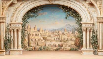 Obraz premium A stunning mural depicting a classical cityscape with arches and lush greenery, creating an enchanting atmosphere for stage settings or creative spaces.