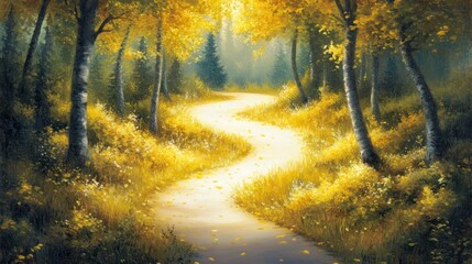Obraz premium A serene autumn landscape featuring a winding path through golden trees and soft sunlight.
