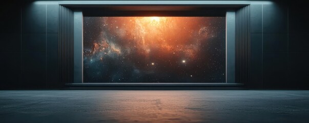 Fototapeta premium A stunning view of a cosmic landscape framed by a futuristic interior, showcasing vibrant colors of nebulae and stars against a dark background.
