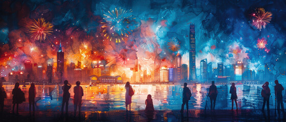 Spectacular fireworks display illuminating a vibrant city skyline at night with silhouettes of spectators enjoying the view
