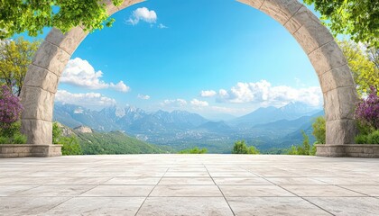 A stunning view of mountains and sky framed by an elegant stone arch. The foreground features a spacious, tiled area, perfect for events or relaxation amid natural beauty.