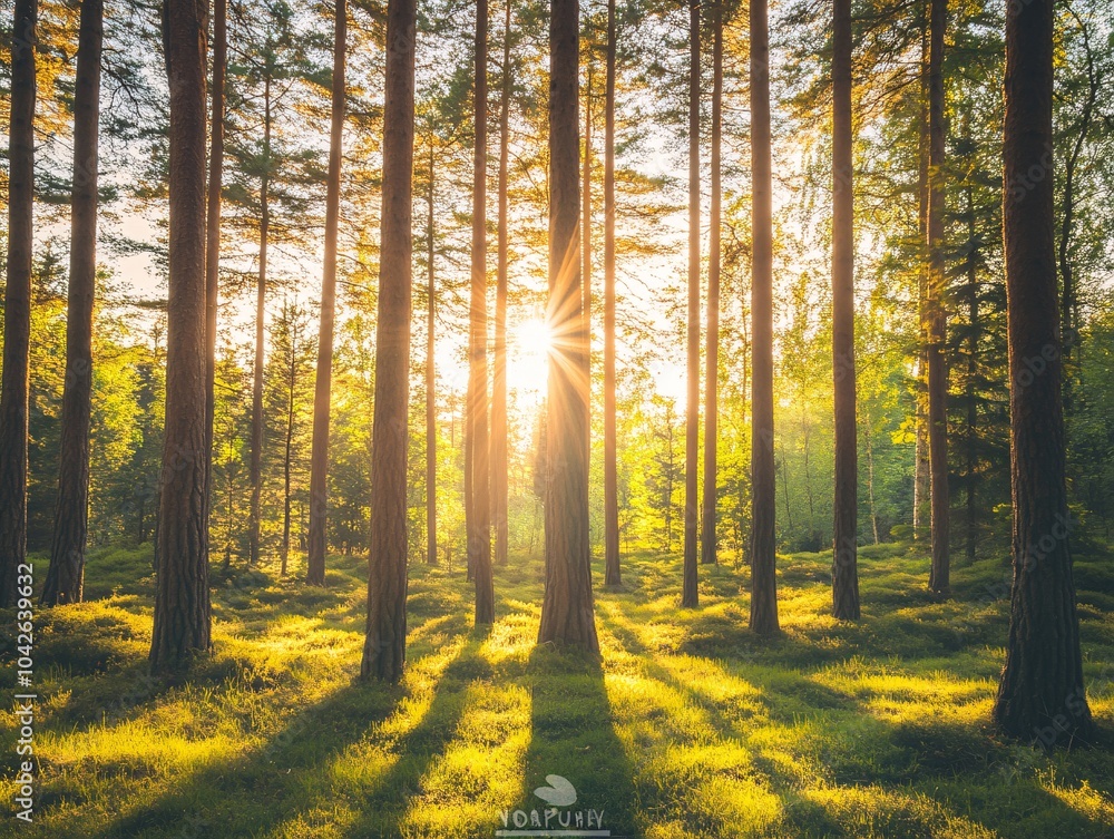 Poster sunlight filtering through tall trees in a serene forest, creating a picturesque scene filled with n