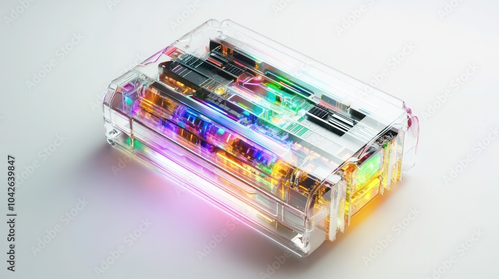 Poster artistic representation of a quantum calculator, emphasizing its advanced technology against a stark