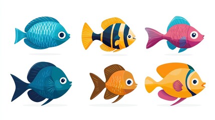 Fototapeta premium Colorful collection of cartoon fish on a white isolated background, perfect for children's illustrations or educational materials.