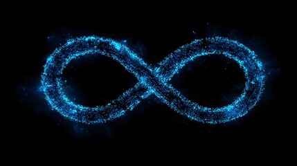 Blue infinity symbol made of glowing binary code particles, on black background