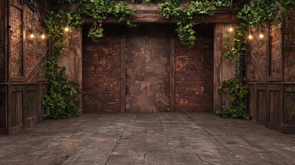 Obraz premium An abandoned rustic space featuring exposed brick walls, wooden details, and greenery, creating a unique, atmospheric setting perfect for photography or artistic expression.