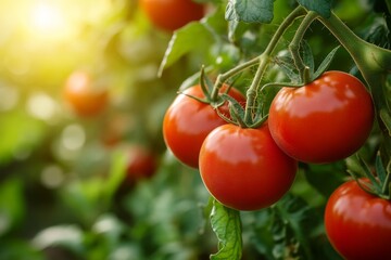 Close-up of ripe red tomatoes growing on a vine in a garden with sunlight shining through the leaves.