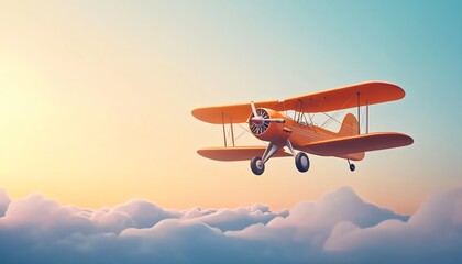 Vintage orange biplane flying above fluffy clouds under a colorful sunset sky.