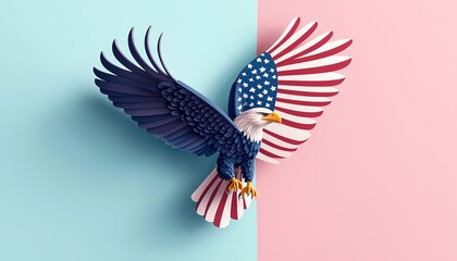 Obraz premium Patriotic eagle with American flag wings, vibrant colors, artistic representation, isolated on a two-tone background.