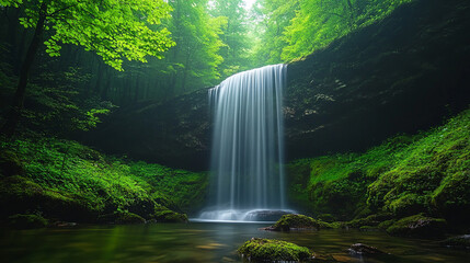 majestic waterfall cascades down rugged cliffs, creating a mist that fills the air, surrounded by lush greenery. The powerful force of nature symbolizes strength, renewal, and the beauty of raw natura