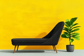 Black lounge chair with plant against yellow wall