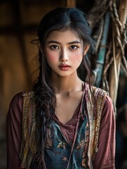 Close-up portrait of a young woman with braided hair