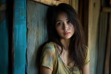 Fototapeta premium Woman leaning against a wooden wall with thoughtful expression