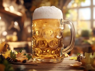 Isolated golden pint of lager with white froth on wooden table