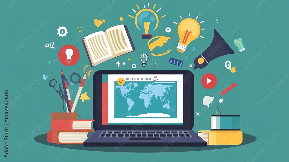 Poster remote learning tools and resources being utilized by students in various locations.