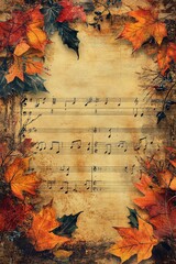 A beautiful autumn composition featuring musical notes surrounded by vibrant fall leaves on a vintage background