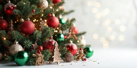 A Festive Christmas Tree Adorned with Red, Green, and Gold Ornaments Sparkles with Holiday Cheer.