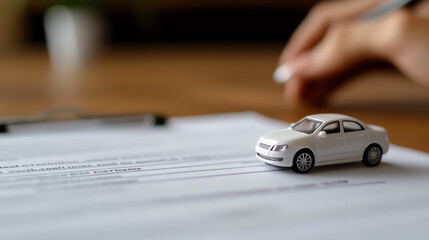 A close-up of a miniature white car on paperwork, symbolizing vehicle ownership and paperwork management.
