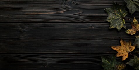A dark wooden surface with autumn leaves, creating a seasonal and natural atmosphere.