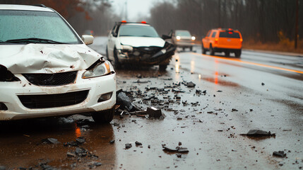 Fototapeta premium A close-up view of a car accident scene on a rainy road, featuring damaged vehicles and debris scattered across the wet pavement.