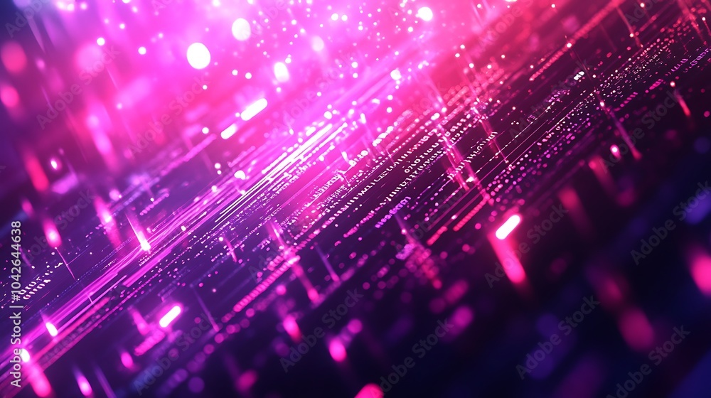 Poster a vibrant abstract background with pink and purple hues, featuring glowing particles and a dynamic l