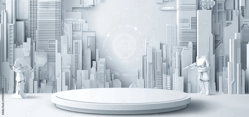 Poster futuristic cityscape with robotic figures and a circular stage in a minimalist design.