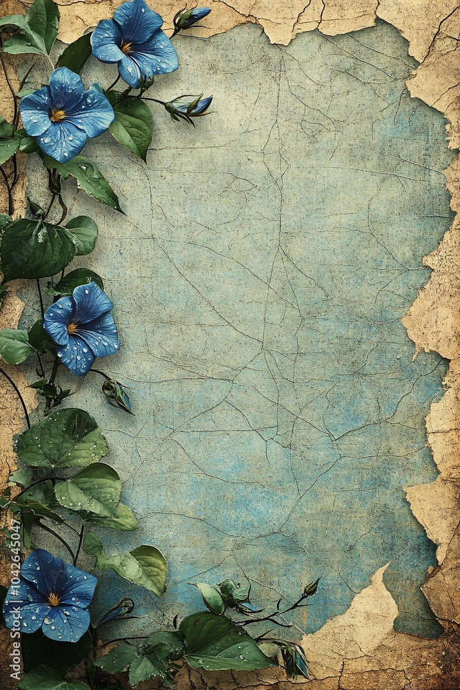 Wall mural beautiful vintage floral background with blue blossoms and textured paper for elegant designs or inv