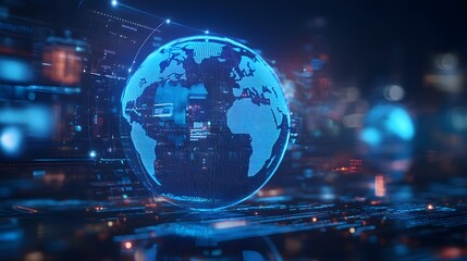 Fototapeta premium Blue hologram globe with world map with glowing data streams, ai global communication networks, virtual reality simulations, geospatial data visualization, and interactive educational experience