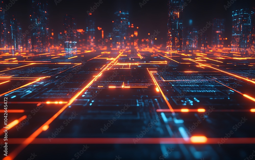 Poster a vibrant digital landscape showcases glowing circuit patterns and futuristic city elements, reflect