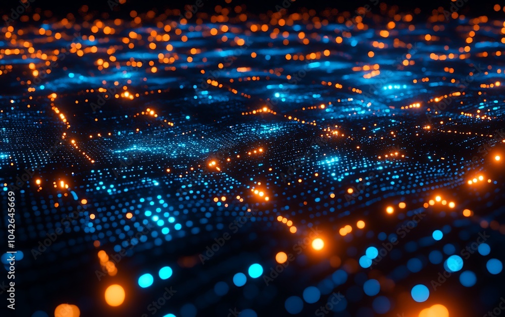 Aufkleber a mesmerizing digital landscape showcasing glowing blue and orange lights on a dark background, rese