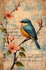 A vibrant bluebird perched amidst delicate blossoms and melodic sheet music capturing the essence of nature and artistry