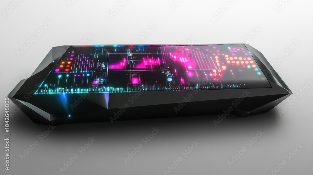 Poster artistic representation of a quantum calculator, emphasizing its advanced technology against a stark