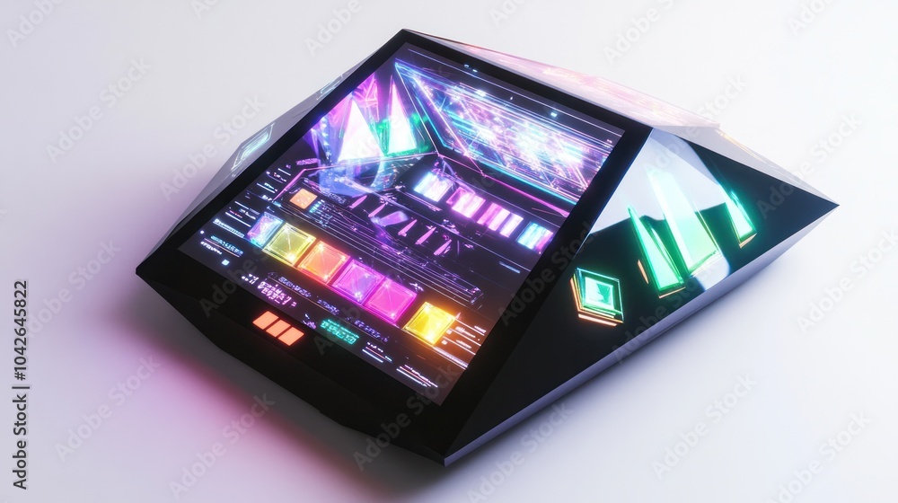 Poster artistic representation of a quantum calculator, emphasizing its advanced technology against a stark