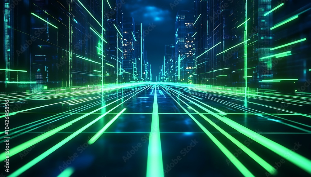Aufkleber a futuristic cityscape with glowing green lines and digital elements, creating a sense of speed and 