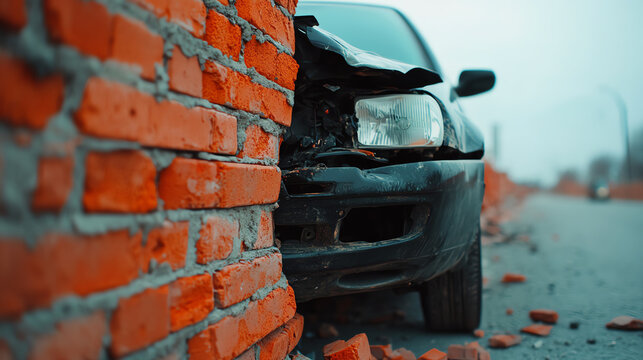 A damaged car leaning against a partially collapsed brick wall, with scattered bricks on the ground, showcasing the impact of an accident.